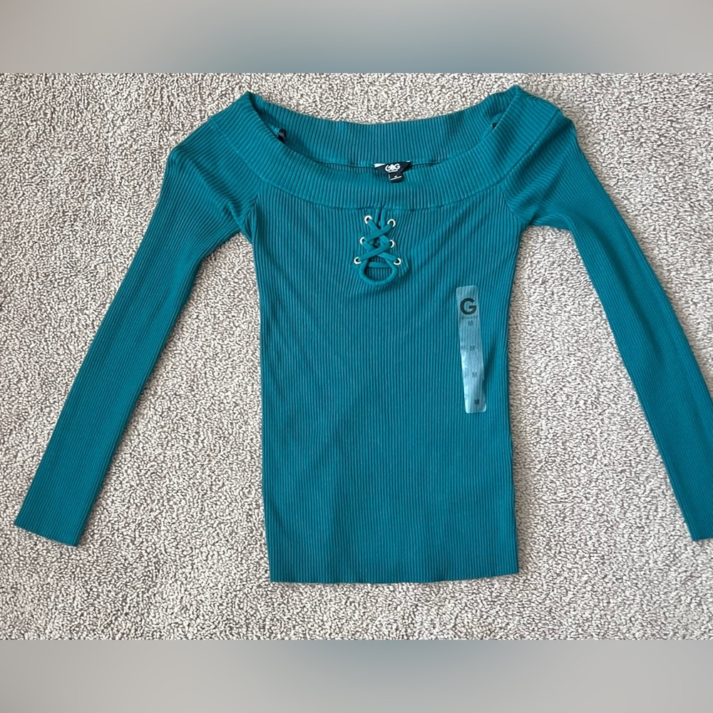G by Guess Teal Long Sleeve Ribbed Top